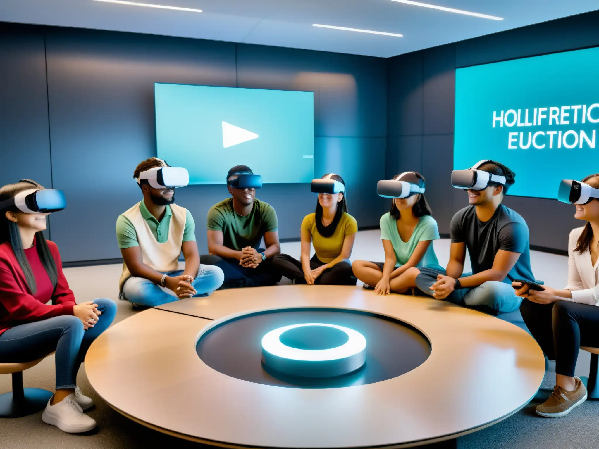 Estudiantes disfrutan aprendizaje virtual en aula futurista Estudiantes en VR participan en gamificación educativa en plataformas de videoconferencia
