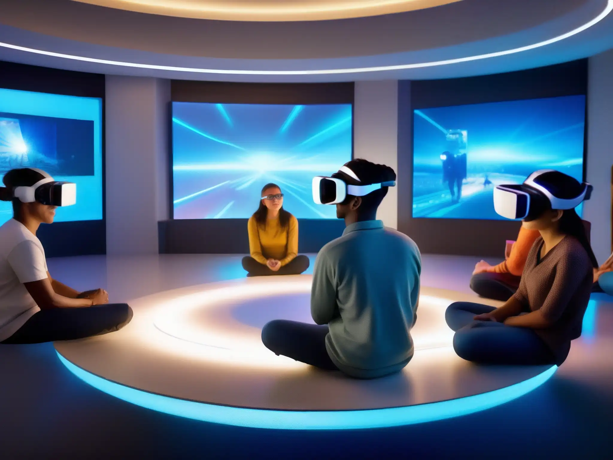 Alumnos experimentan aprendizaje inmersivo con realidad virtual Estudiantes entusiasmados usan auriculares de realidad virtual en un aula futurista