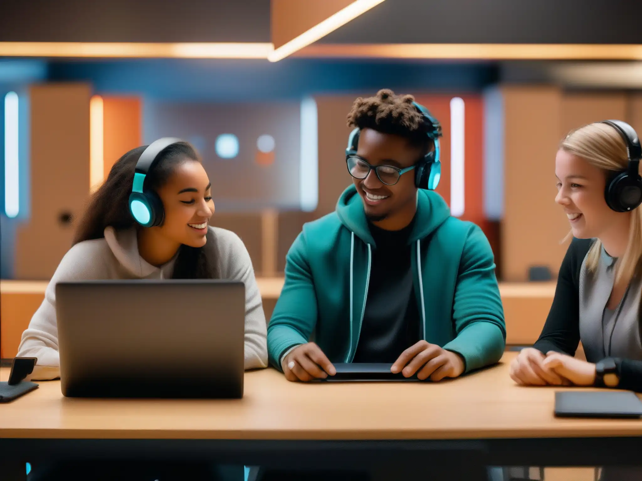 Estudiantes colaboran en emocionante escape room virtual Estudiantes colaboran con entusiasmo en eficacia salas escape virtuales educación distancia, inmersos en desafíos virtuales y tecnología futurista