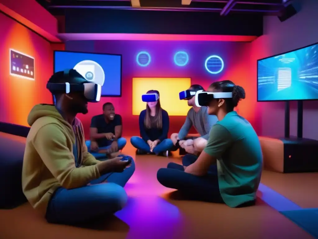 Estudiantes colaborando en sala de escape virtual Estudiantes colaboran con entusiasmo en una sala de escape virtual, resolviendo desafíos y usando tecnología de realidad virtual