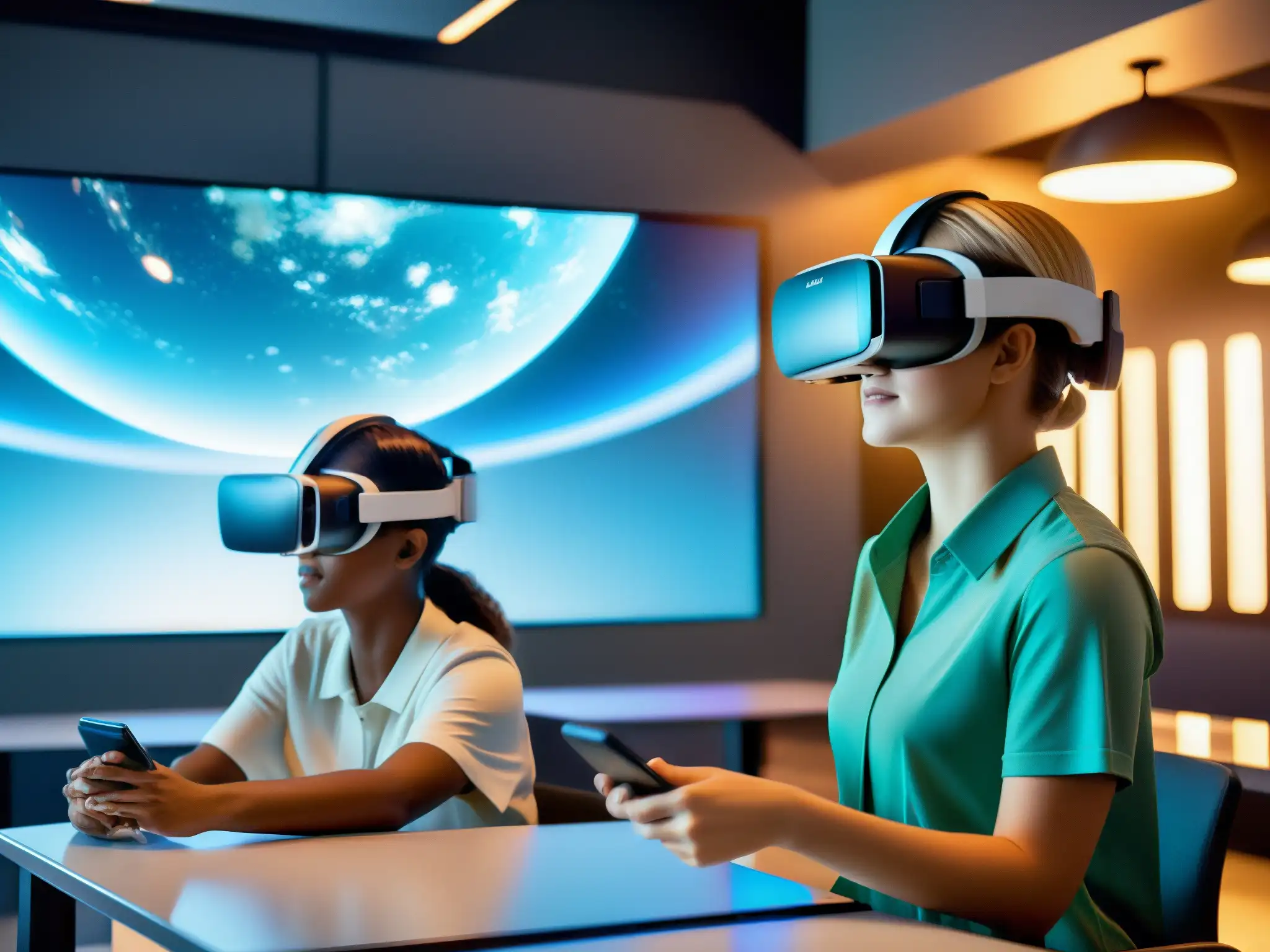 Aprender con Realidad Virtual: Futuro de la Educación Estudiantes entusiastas usando auriculares de realidad virtual en una clase futurista, con tecnología avanzada