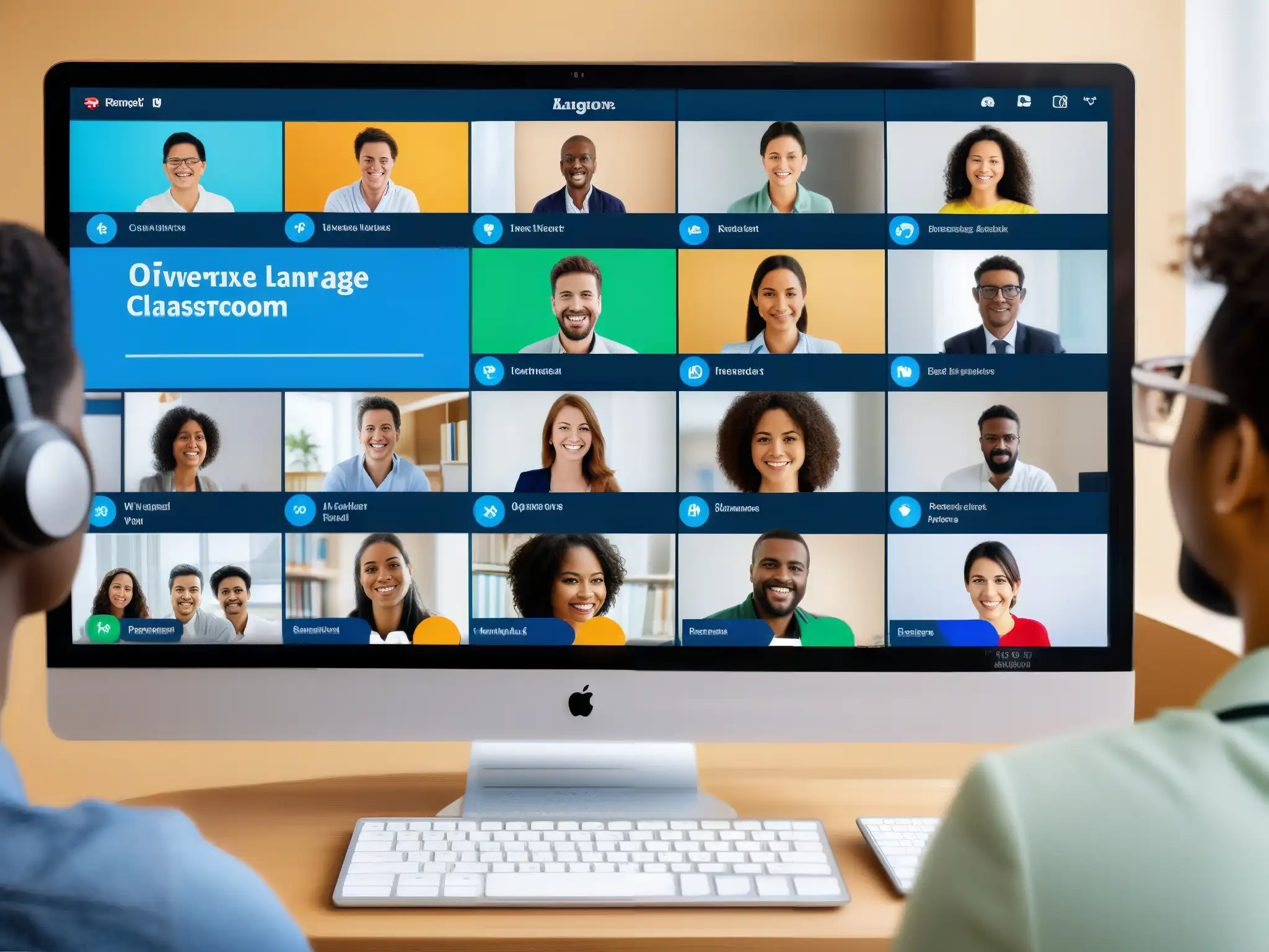 Clase virtual de idiomas: aprendizaje dinámico y cultural Estudiantes entusiastas participan en clase virtual de idiomas en la mejor plataforma videoconferencia cursos idiomas