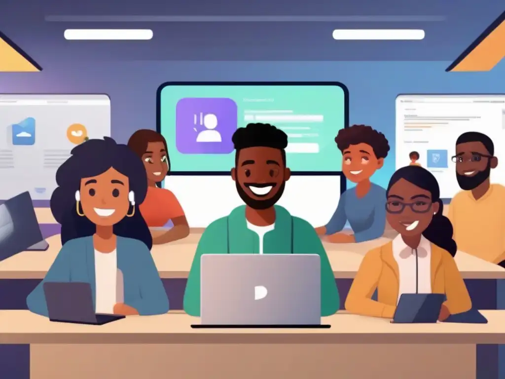 Vibrante colaboración estudiantil en Discord Educativo Estudiantes colaborando entusiastas en proyecto educativo en Discord, popularidad comunidades educativas online
