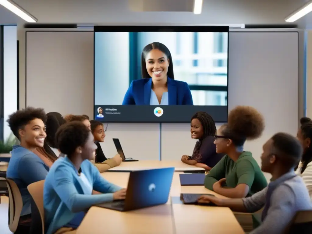 Clase virtual dinámica con Microsoft Teams y Skype Diversos estudiantes participan entusiastas en una videoconferencia educativa usando Microsoft Teams y Skype