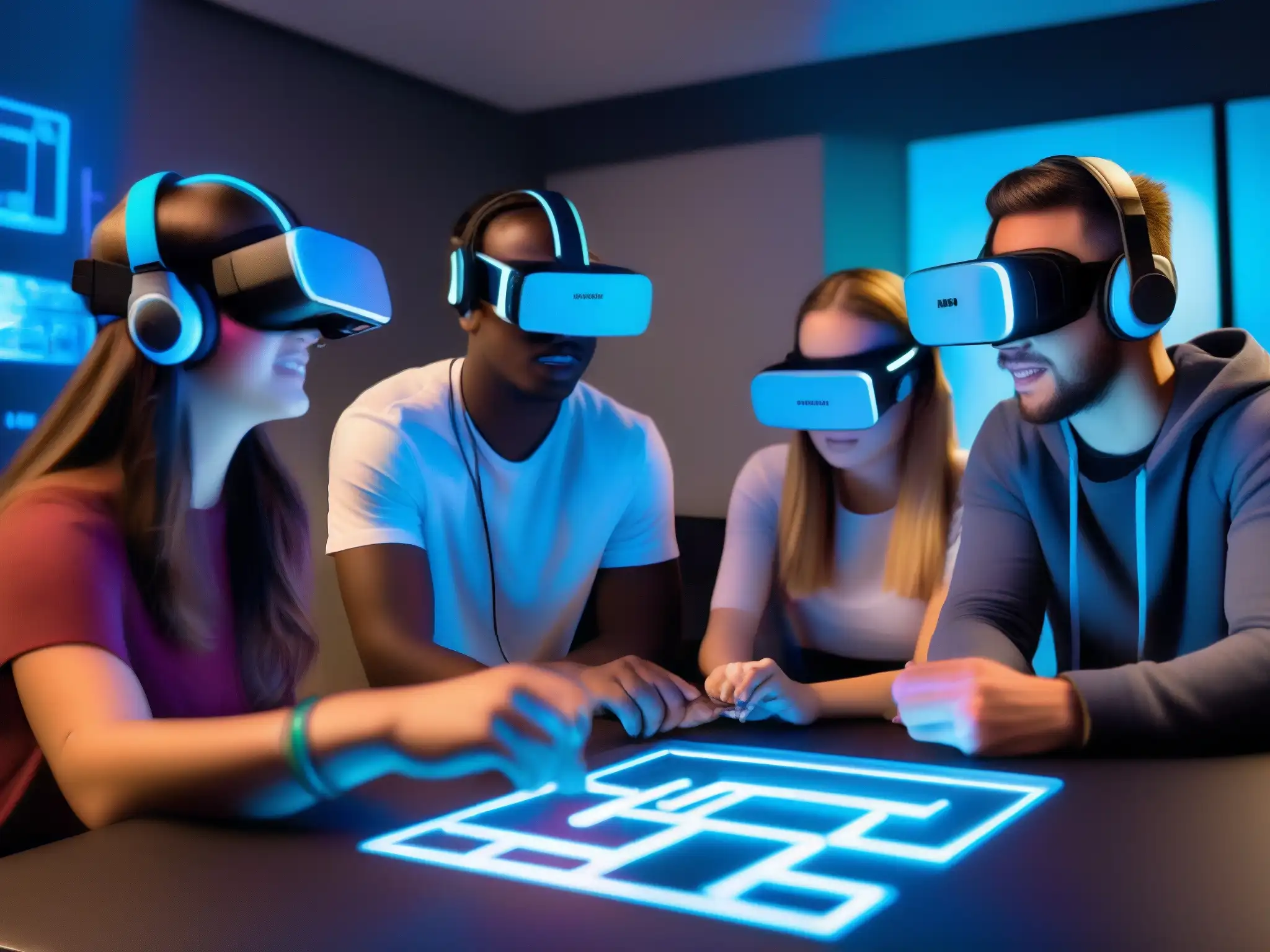 Estudiantes resolviendo escape room virtual con tecnología innovadora Estudiantes resolviendo escape room virtual, concentrados y colaborando en ambiente educativo de alta tecnología