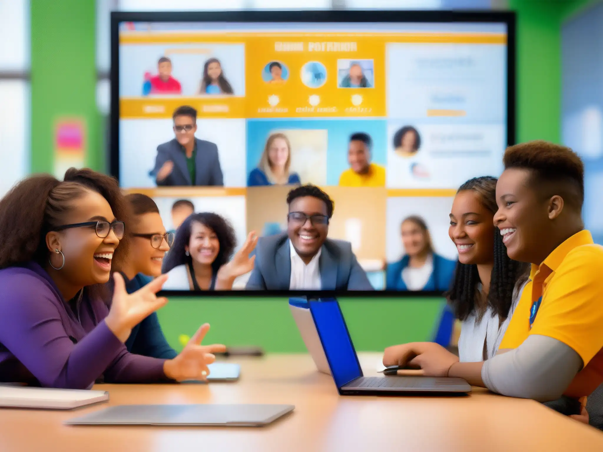 Videoconferencia inclusiva: estudiantes con necesidades especiales participan activamente Estudiantes de educación especial participan con entusiasmo en una videoconferencia inclusiva