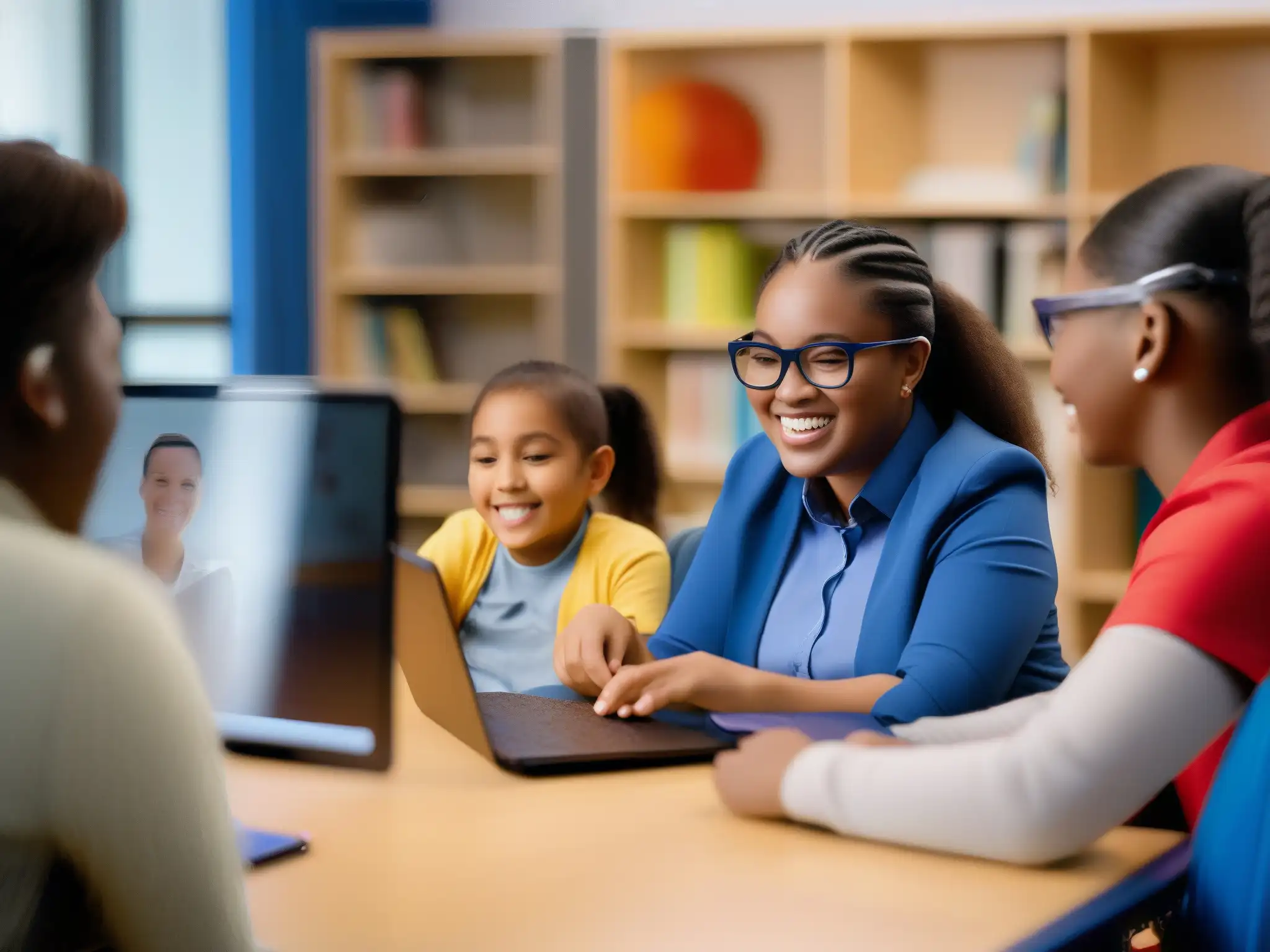 Clase inclusiva con tecnologías de apoyo Estudiantes de educación especial participan en una videoconferencia dinámica, usando tecnologías adaptativas