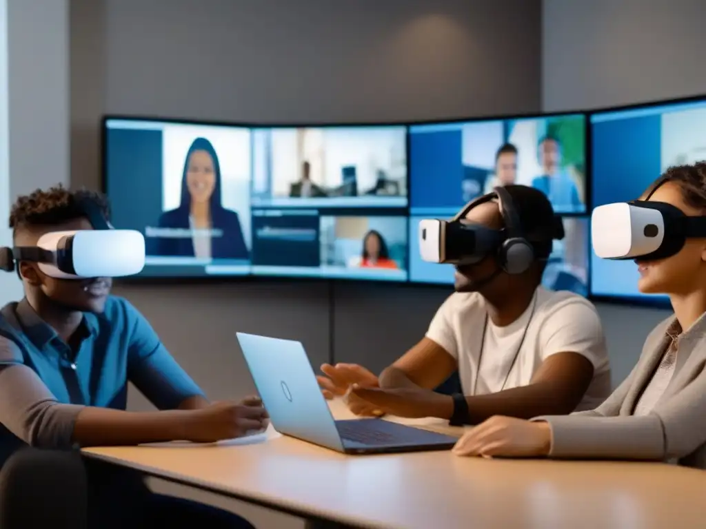Experiencia de aprendizaje inmersivo en realidad virtual Estudiantes diversos participan en una experiencia de aprendizaje inmersivo a través de videoconferencias, interactuando en un ambiente virtual futurista