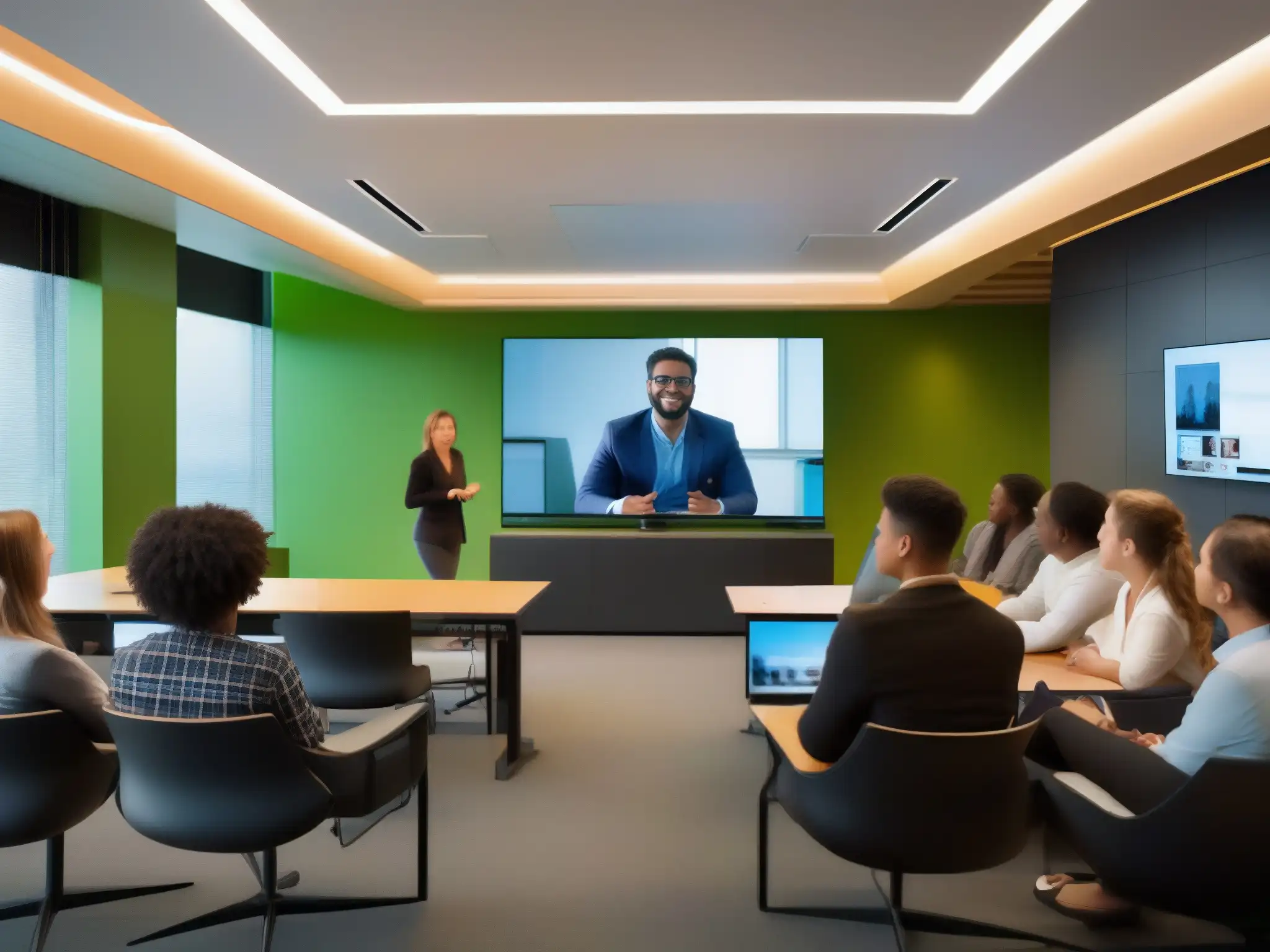 Clase virtual de alta calidad con invitado especial Estudiantes con herramientas de videoconferencia en clase a distancia, conectados con un orador remoto en una moderna aula bien iluminada