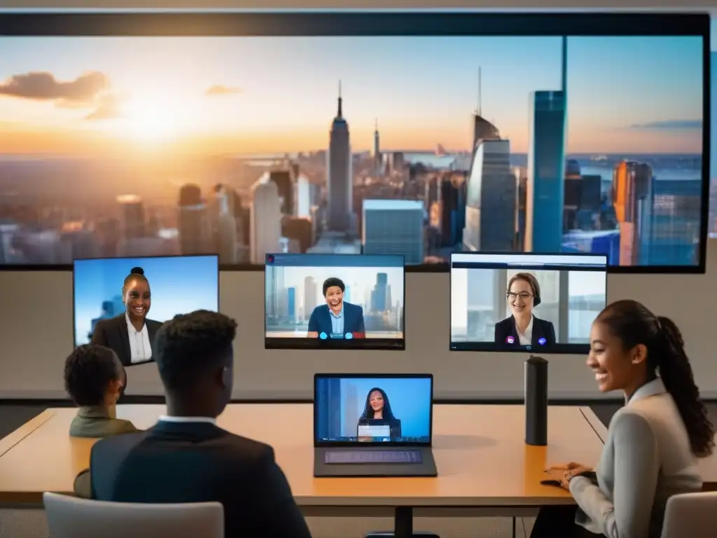 Clase virtual dinámica con estudiantes multilingües Estudiantes de idiomas en videoconferencia con la mejor plataforma videoconferencia cursos idiomas, rodeados de tecnología y entorno urbano moderno