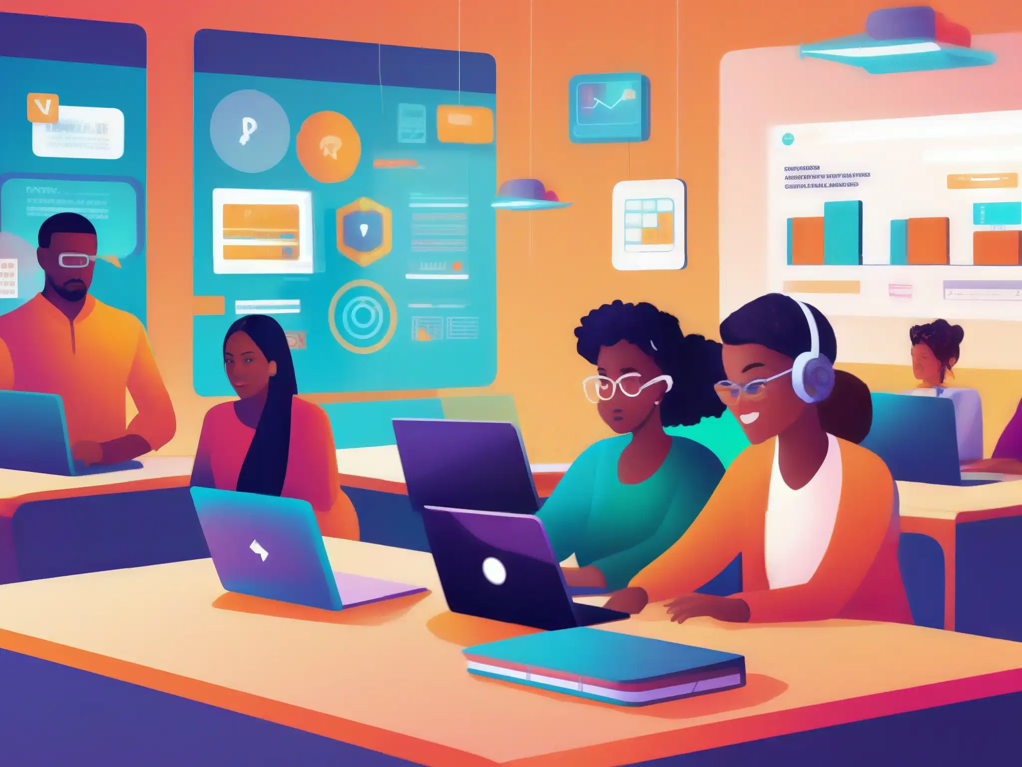 Equipo diverso de estudiantes codificando en Discord Estudiantes de informática colaboran en proyecto usando Discord en vibrante ilustración digital de alta resolución