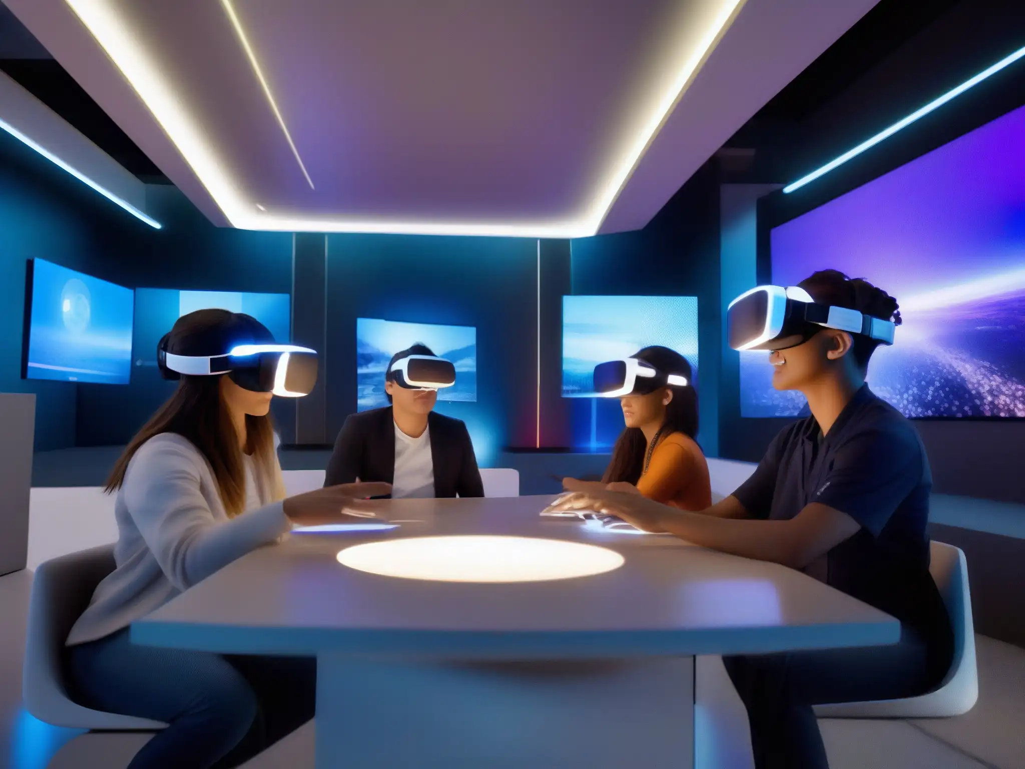 Estudiantes inmersos en realidad virtual educativa en aula futurista Estudiantes inmersos en contenido de Realidad Virtual en capacitación a distancia en aula futurista