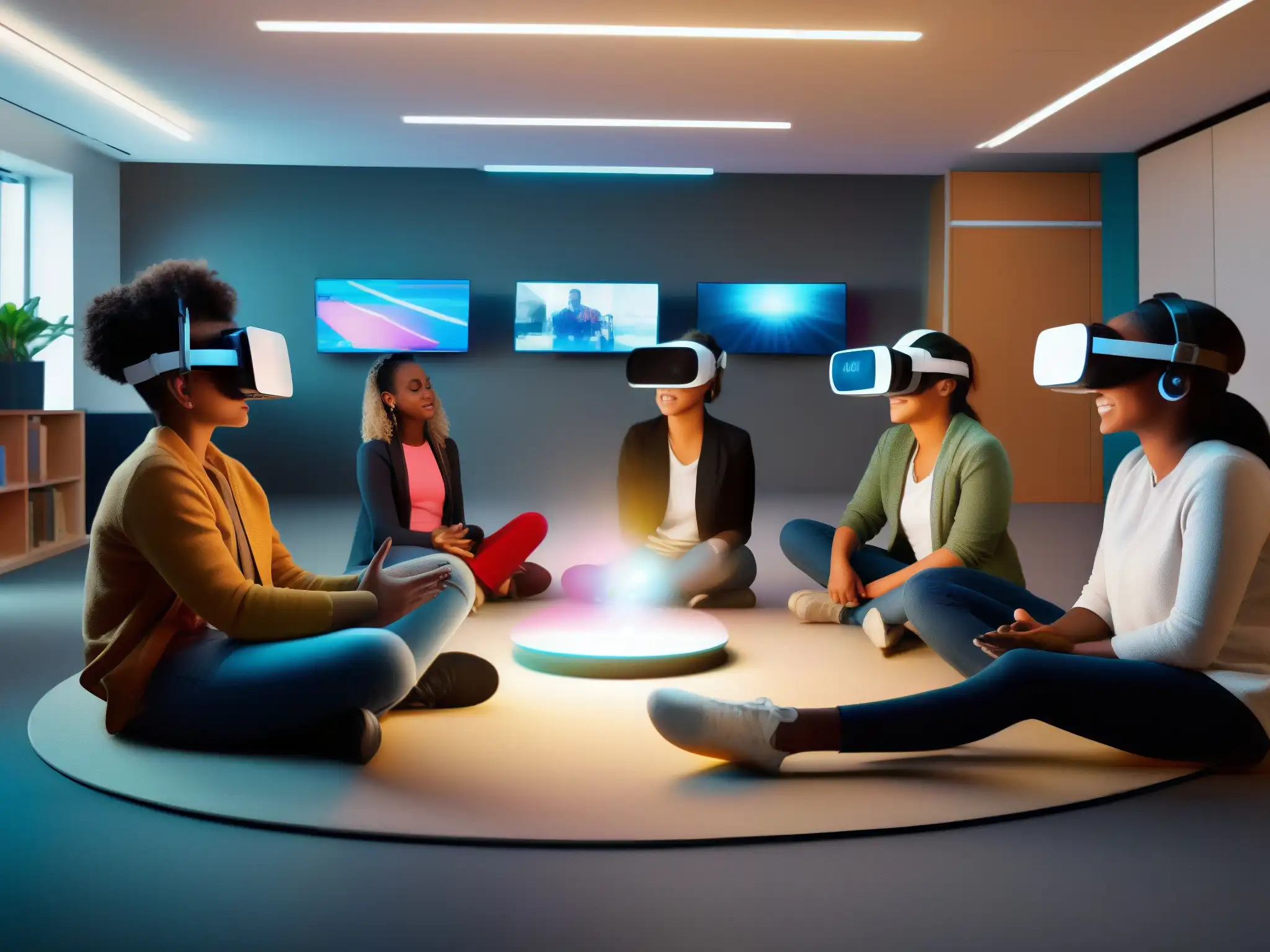 Estudiantes interactuando con realidad virtual en aula futurista Estudiantes inmersos en experiencias de aprendizaje virtual con videoconferencias y hologramas en un aula futurista y vibrante