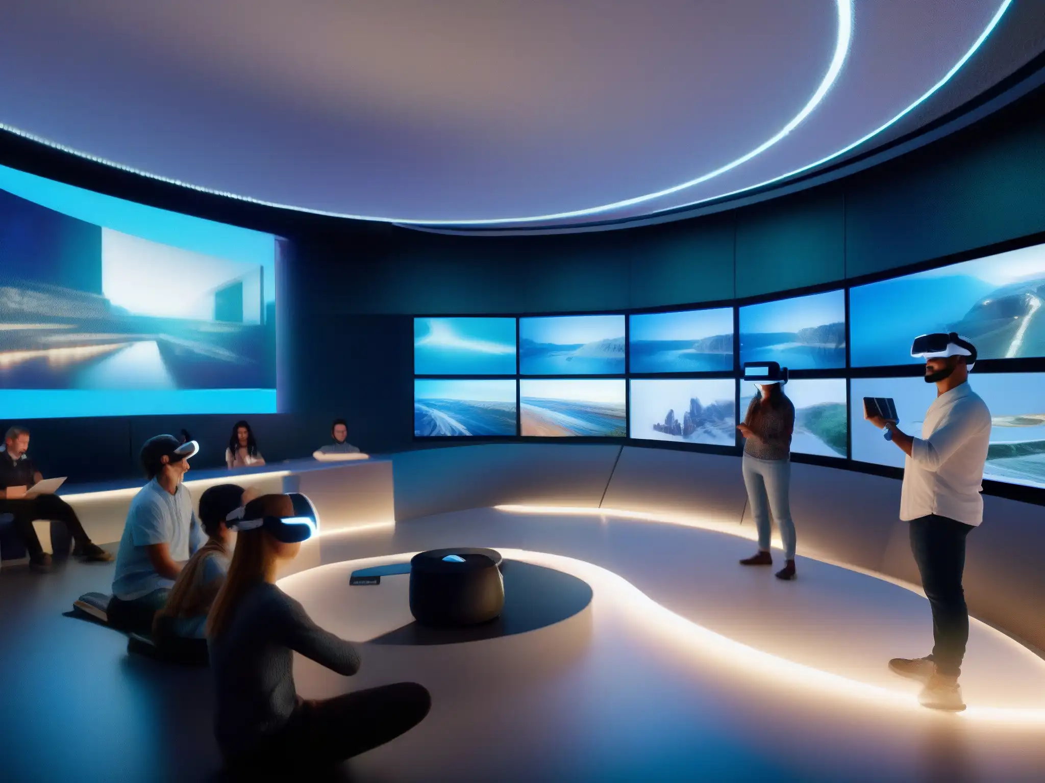 Clase virtual en 8k: Futuro educativo inmersivo Estudiantes inmersos en una moderna aula de realidad virtual para capacitación a distancia