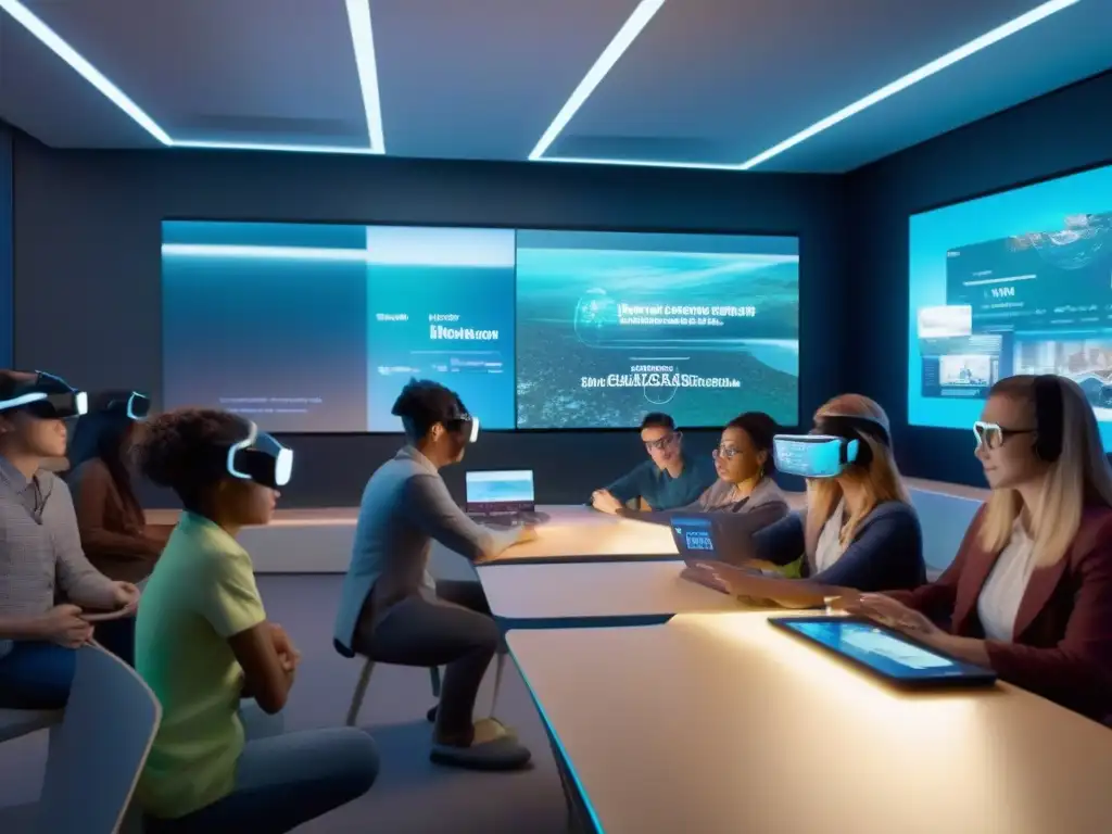 Aula virtual futurista con realidad aumentada Estudiantes inmersos en Realidad Aumentada en videoconferencias educativas, interactuando con hologramas y modelos 3D en un aula futurista