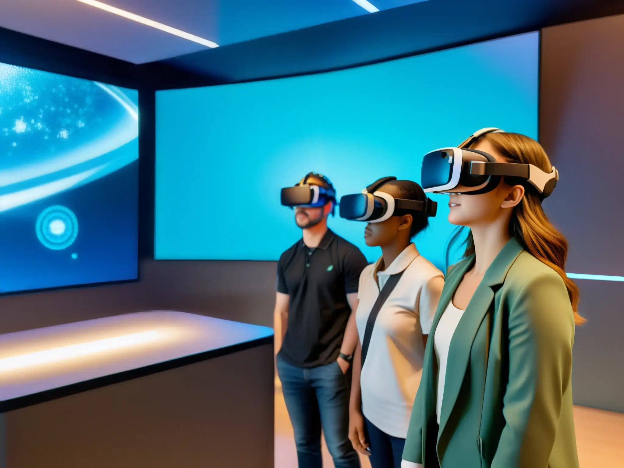 Estudiantes explorando laboratorio virtual en VR Estudiantes inmersos en la Realidad Virtual en capacitación a distancia, explorando un laboratorio virtual y colaborando en experimentos digitales