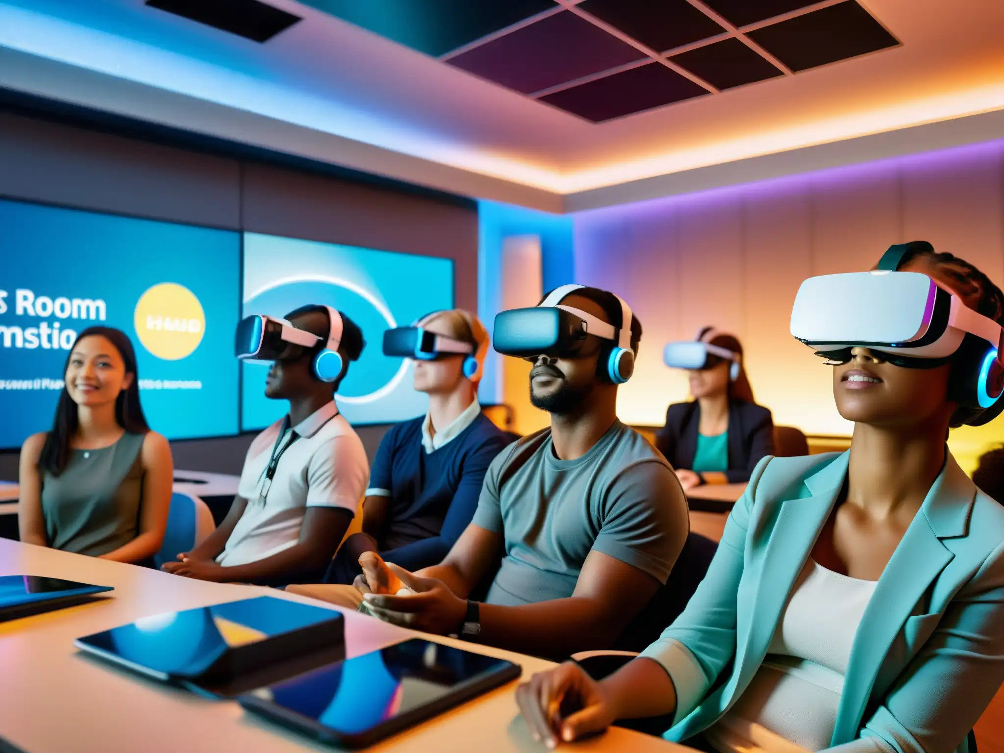 Aula virtual con estudiantes inmersos en simulación de realidad aumentada Estudiantes inmersos en una simulación de realidad virtual en un aula, interactuando con contenido educativo holográfico