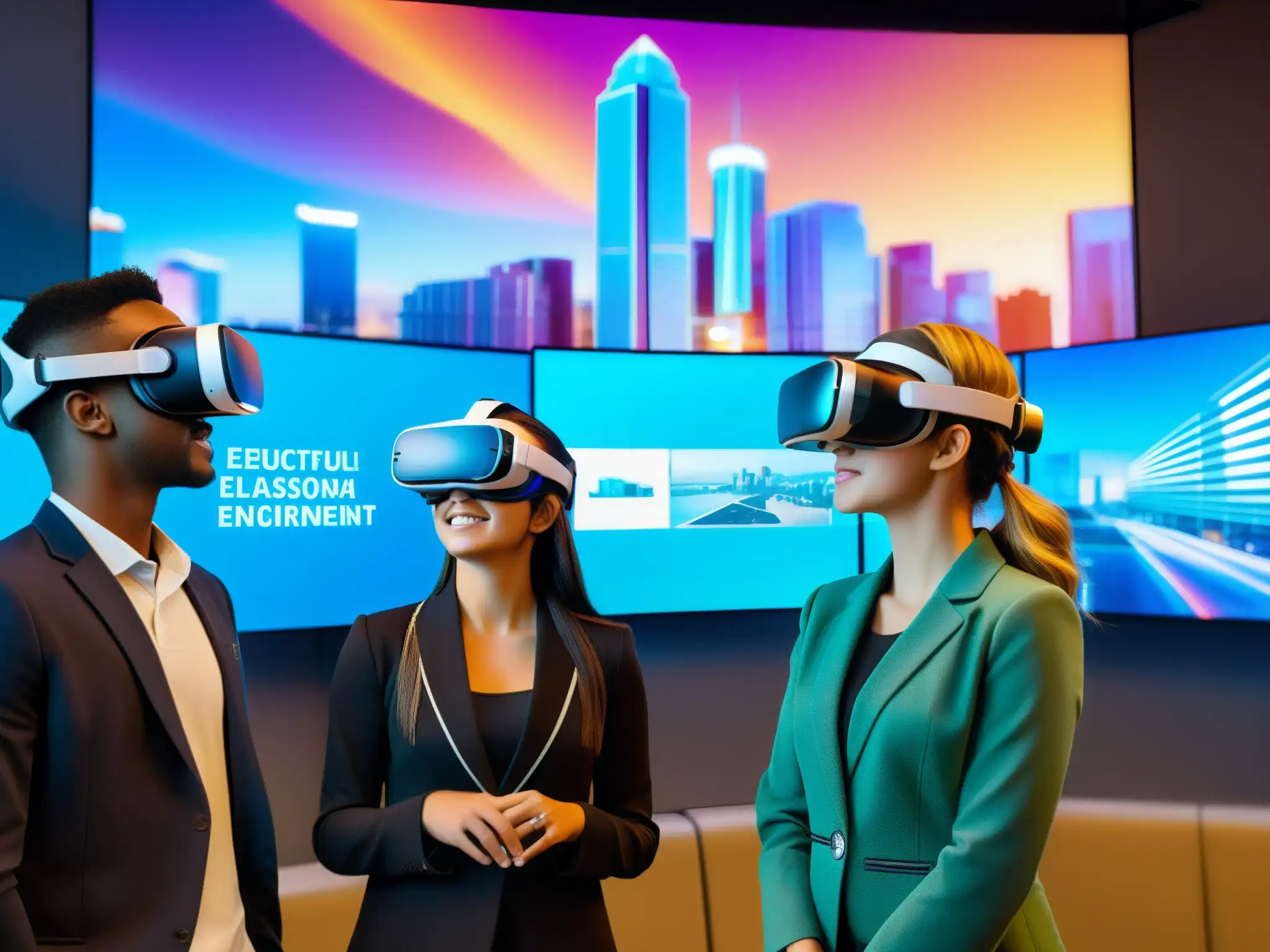 Estudiantes inmersos en aulas virtuales con realidad aumentada Estudiantes inmersos en educación virtual con videoconferencias, interactuando en un entorno futurista de realidad virtual