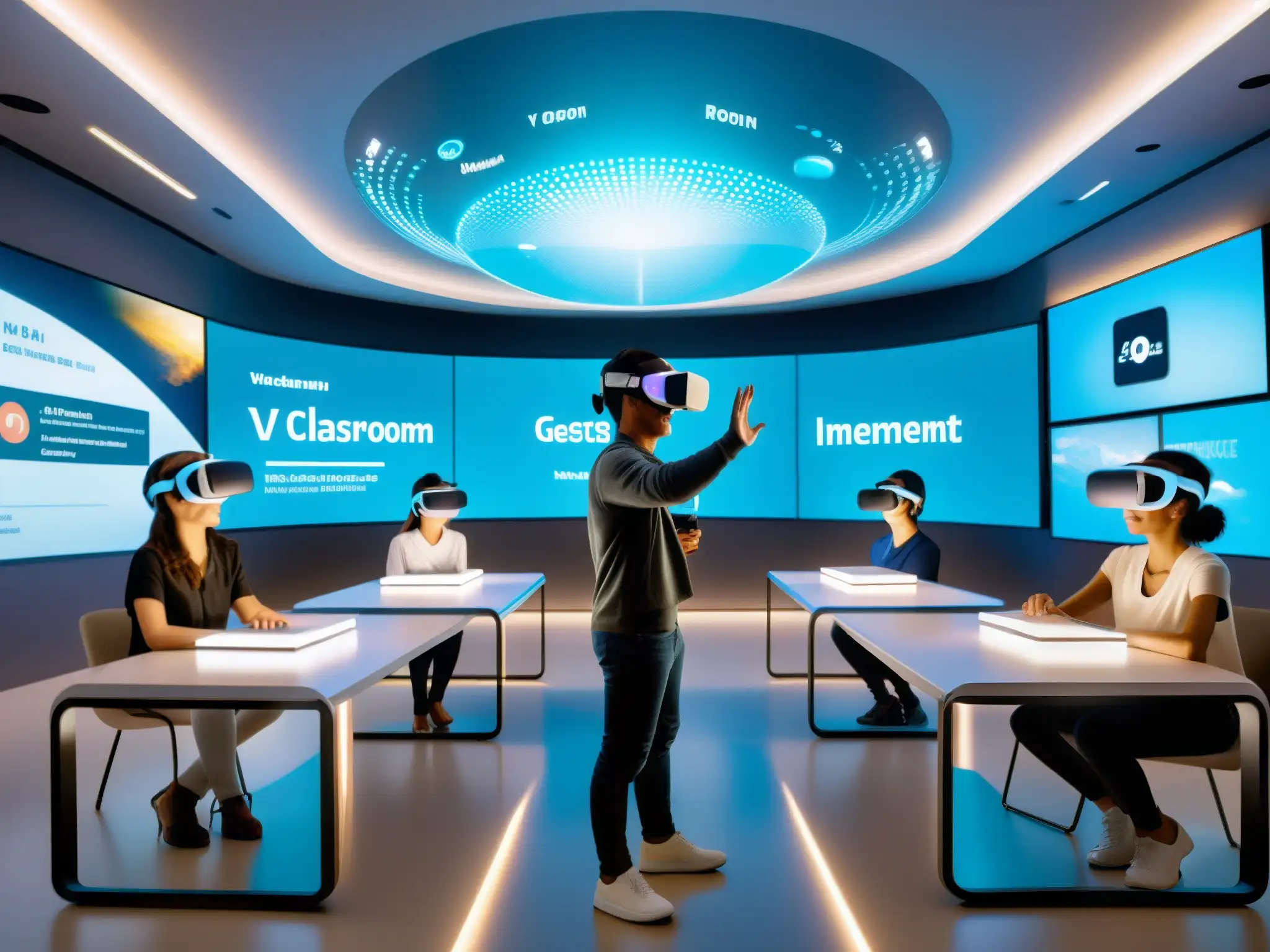 Clase de Realidad Virtual: Inmersión Educativa Futurista Estudiantes inmersos en videoconferencias en educación virtual, interactuando en un aula de realidad virtual futurista con pantallas holográficas
