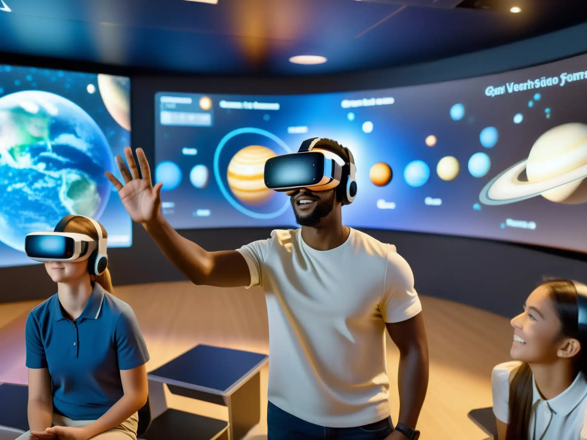 Exploración del sistema solar en aula de realidad virtual Estudiantes inmersos en videoconferencias en educación virtual, explorando el sistema solar en un aula futurista con entusiasmo y participación activa