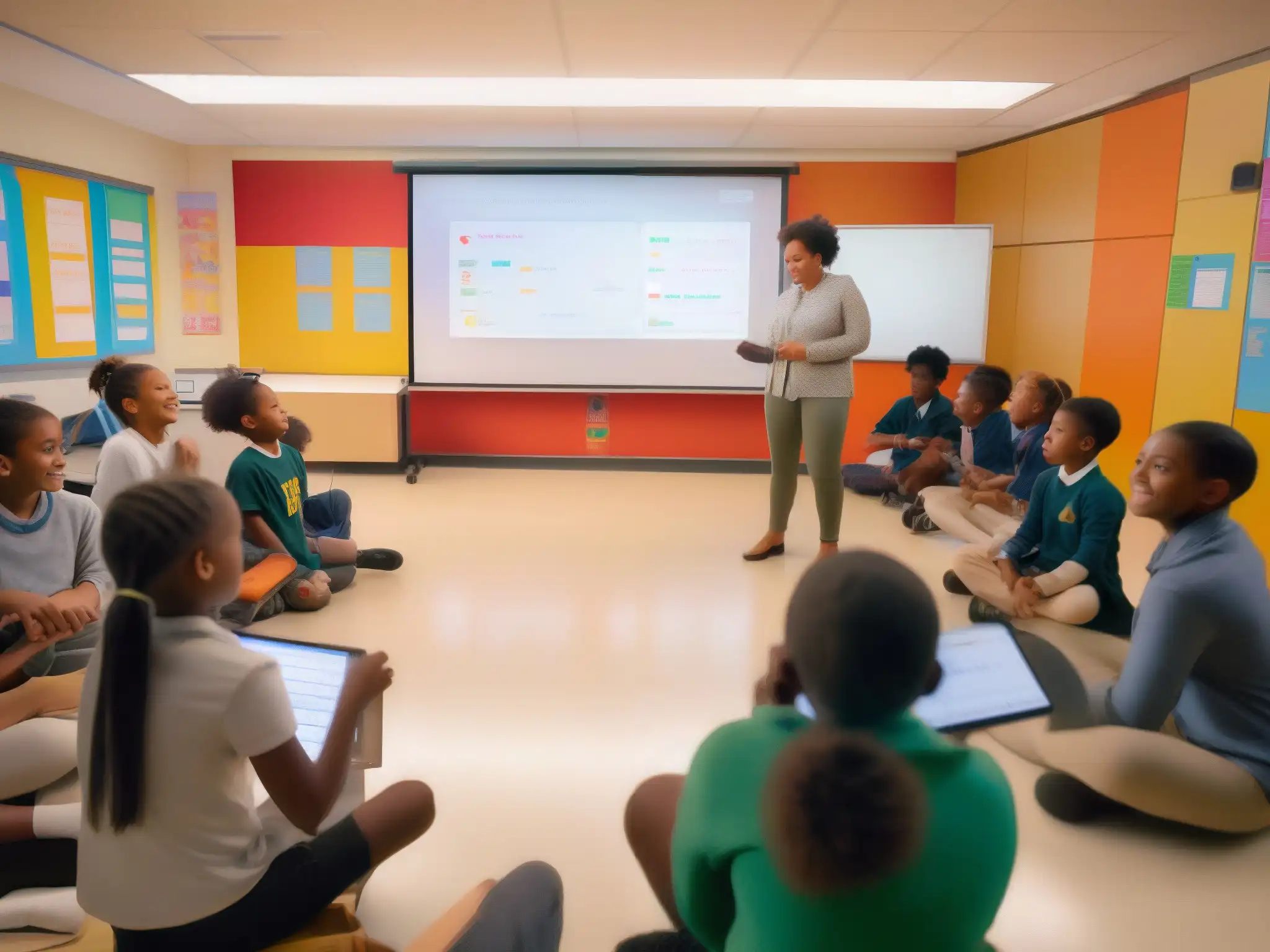 Clase de música innovadora: estudiantes interactúan con instrumentos Estudiantes participan en una innovadora clase de educación musical transformada con RingCentral Meetings en aula moderna y luminosa