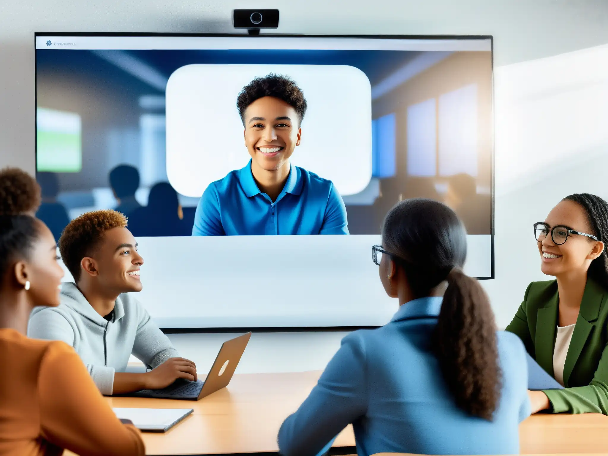 Videochat educativo: estudiantes participando en discusión interactiva Estudiantes en videochat interactivo comparativa Microsoft Teams vs Google Classroom
