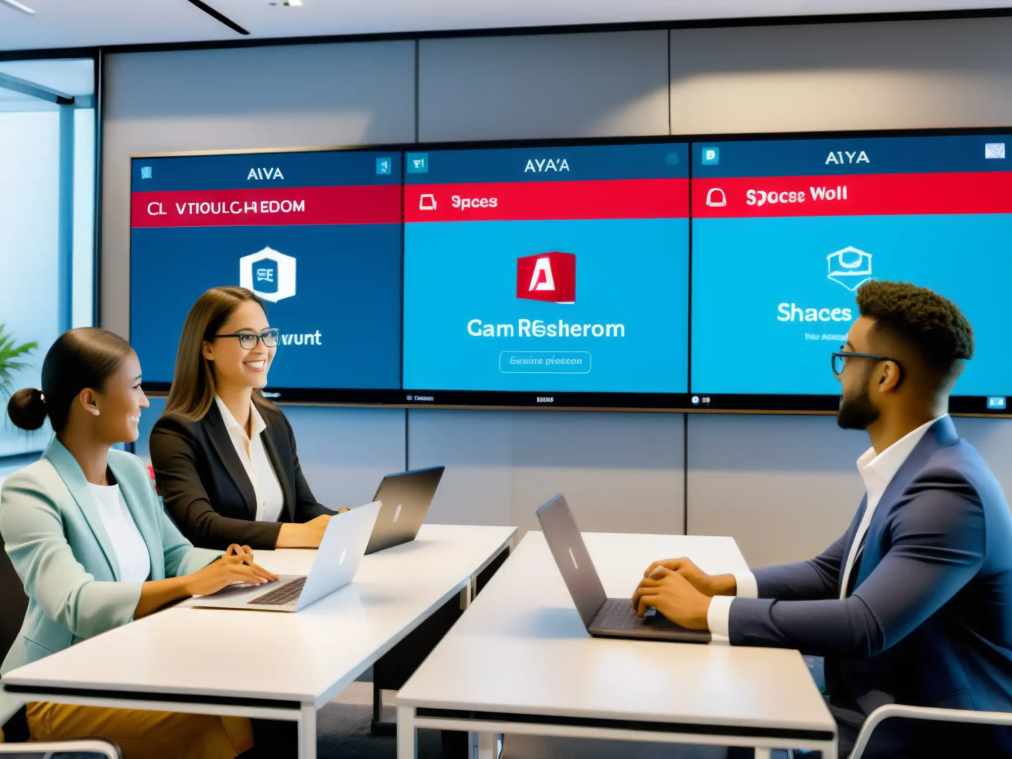 Avaya Spaces: Aula virtual dinámica y colaborativa Estudiantes participando en intercambio académico virtual Avaya Spaces, mostrando una atmósfera dinámica y vibrante