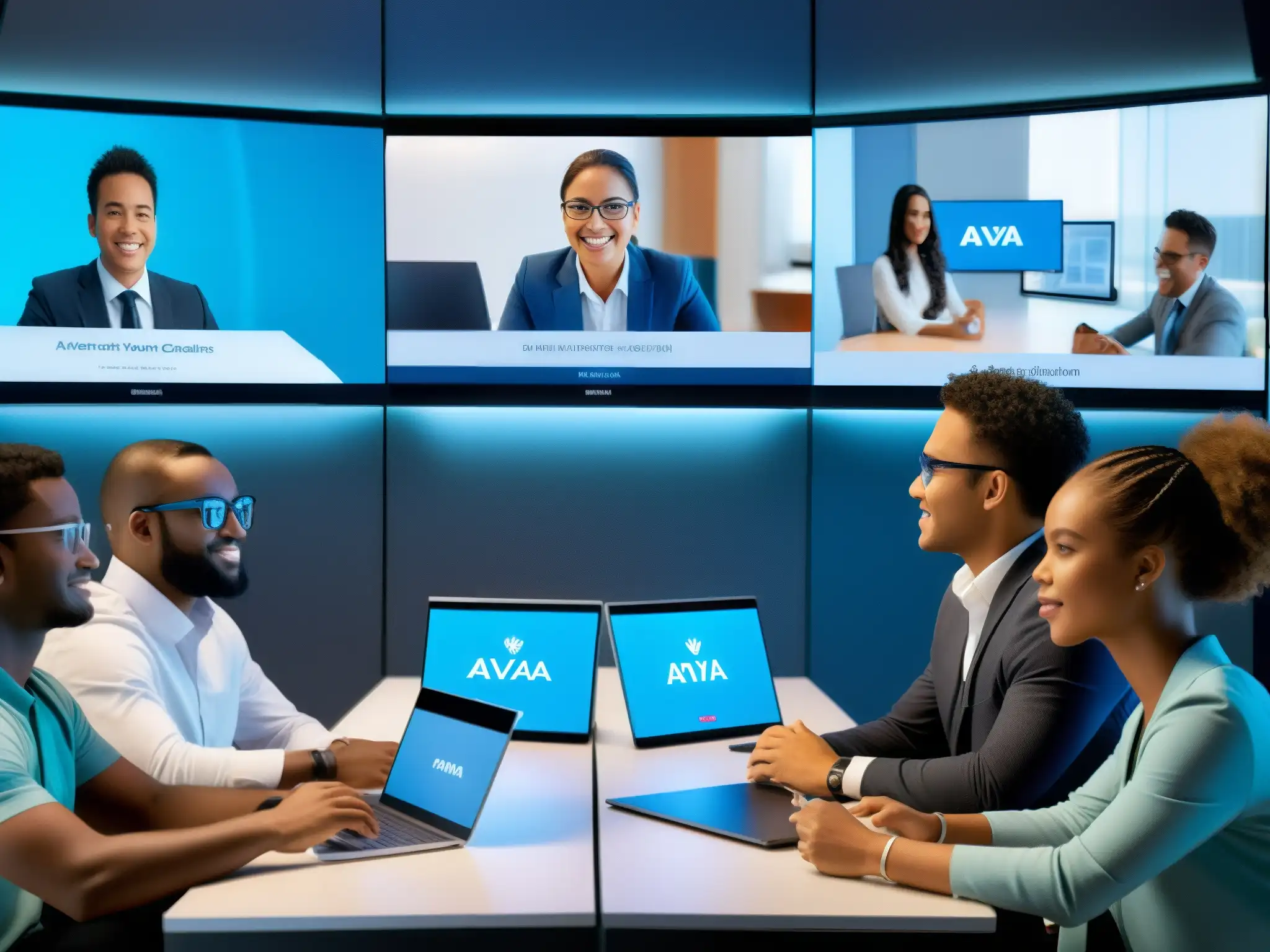 Intercambio académico virtual con Avaya Spaces: Futuro educativo Estudiantes participando en intercambio académico virtual con Avaya Spaces, ambiente futurista y tecnología de vanguardia