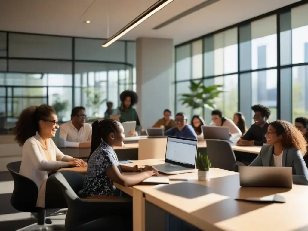 Intercambio académico virtual: estudiantes colaborando en Avaya Spaces Estudiantes colaborando en intercambio académico virtual Avaya Spaces con luz natural y ambiente profesional