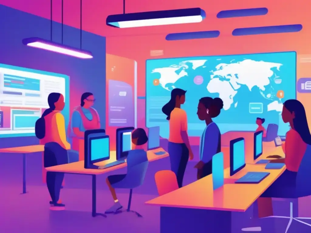 Salón de informática colaborativo con Discord Estudiantes colaborando en un laboratorio de informática moderno, utilizando Discord en clases de informática para proyectos interactivos y dinámicos