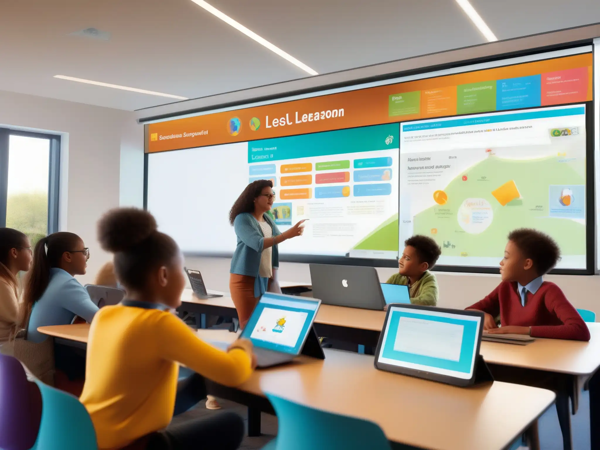 Aula virtual interactiva con Webex: aprendizaje dinámico Estudiantes participan en una lección interactiva usando Webex en un aula moderna