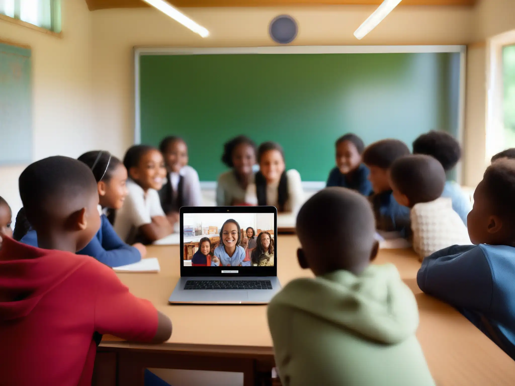 Clase rural emocionante con Skype Estudiantes participando en una lección interactiva a través de Skype como herramienta didáctica en escuelas rurales