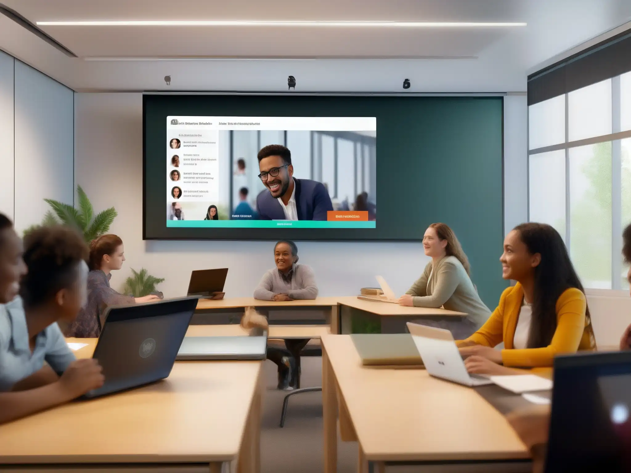 Clase de idiomas interactiva con videoconferencia Estudiantes interactúan en moderna aula virtual con la mejor plataforma de videoconferencia para cursos de idiomas
