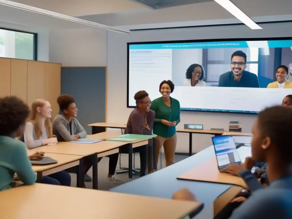 Conferencia global: estudiantes innovadores en aula sostenible Estudiantes de todo el mundo participan con entusiasmo en videoconferencias para apoyar la Agenda 2030, en un aula sostenible con tecnología avanzada