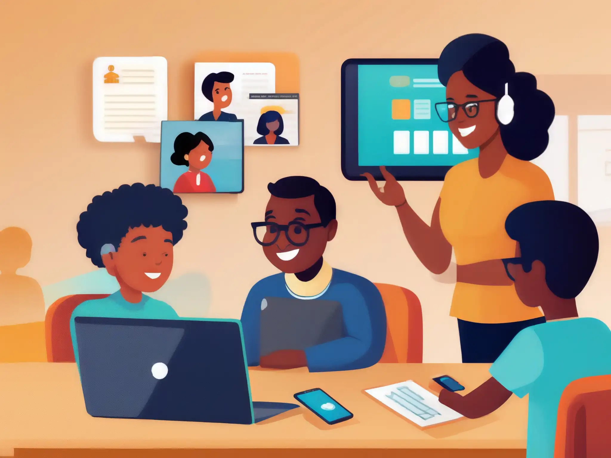 Clase virtual inclusiva para estudiantes con necesidades especiales Estudiantes con necesidades especiales participan en videoconferencia educativa con tecnología especializada, maestro inclusivo