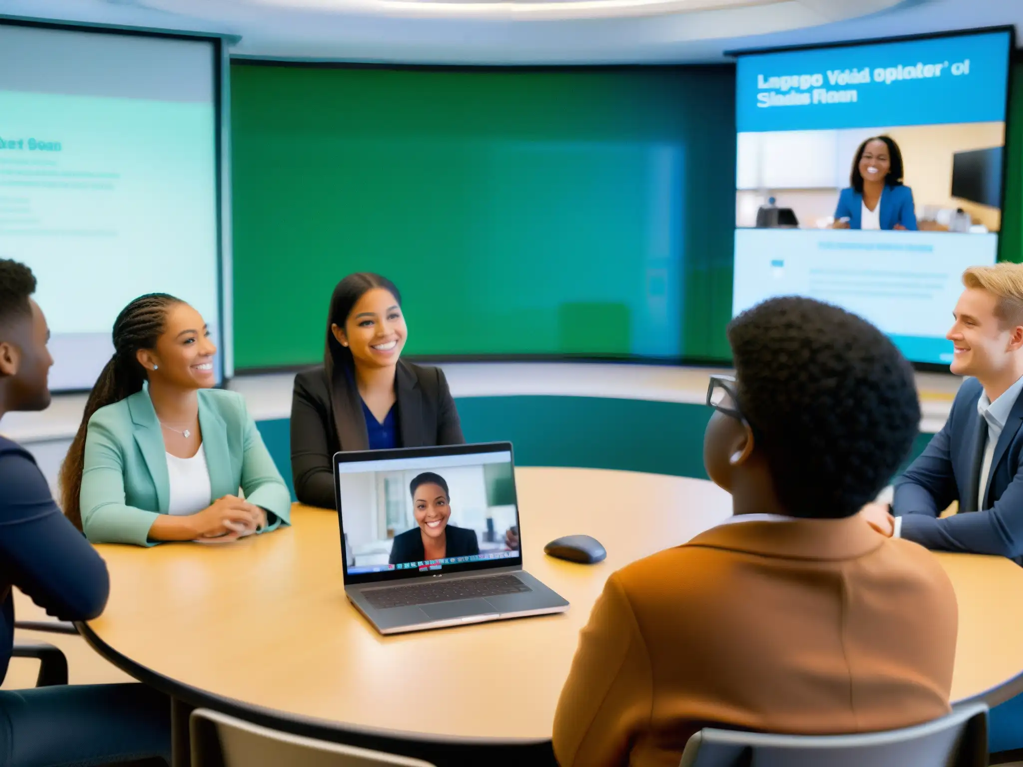 Conferencia virtual en aula: colaboración y aprendizaje moderno Estudiantes colaborando con un orador virtual en un aula bien iluminada, destacando el soporte de videoconferencia para estudiantes