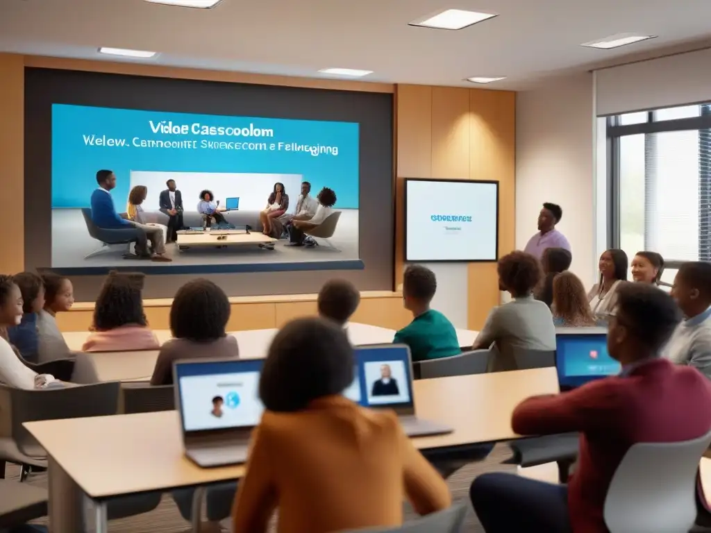 Conferencia educativa vibrante y moderna con alumnos y padres Estudiantes y padres participan en videoconferencia educativa en aula moderna y bien iluminada, fomentando la colaboración familiar en el aprendizaje