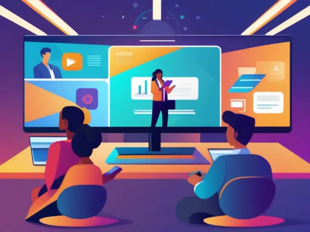 Estudiantes participan con entusiasmo en gamificación virtual Estudiantes interactúan animadamente en una plataforma de videoconferencia para gamificación, con diseño futurista y elementos visuales innovadores