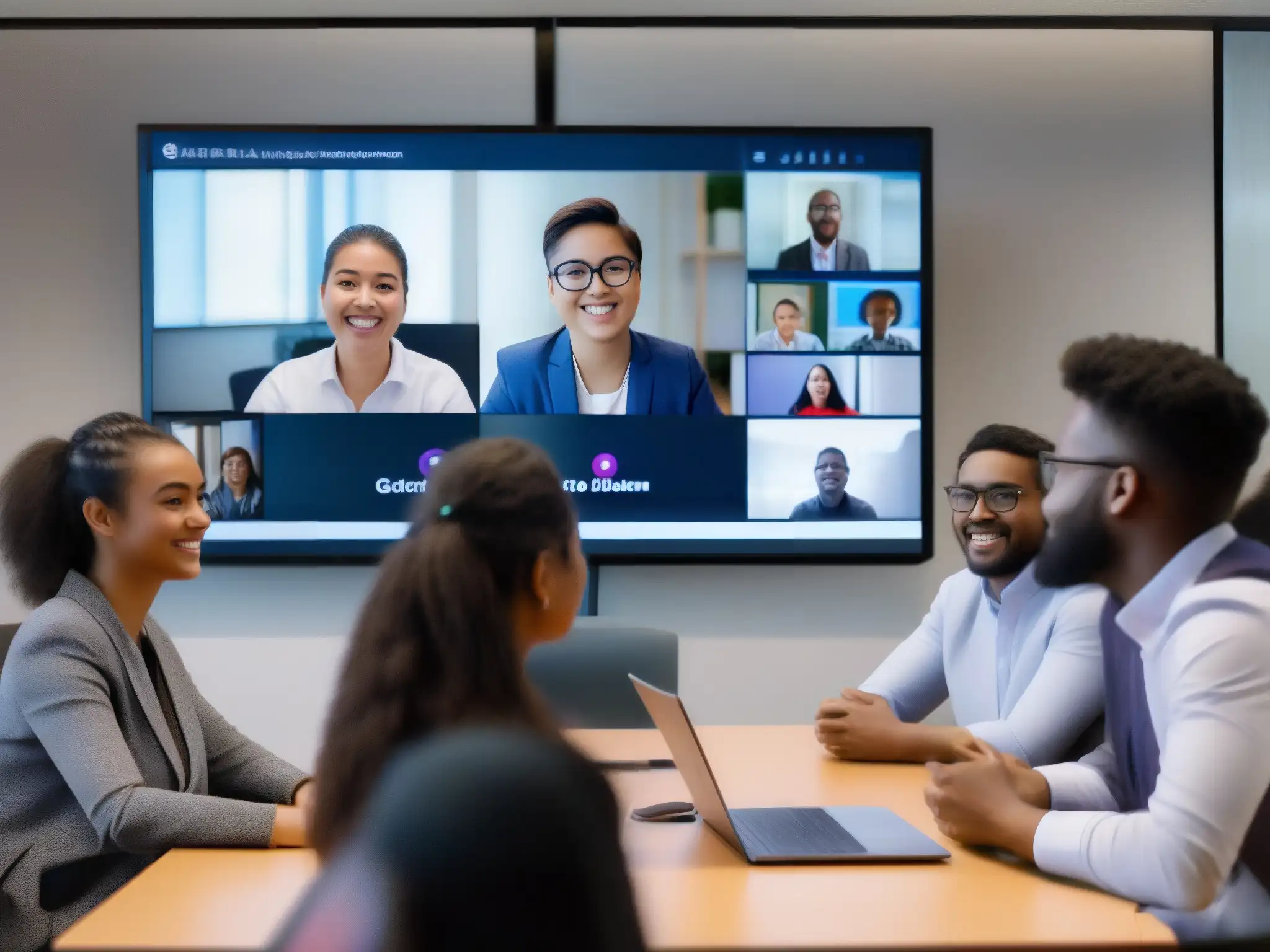 Intensa colaboración en GlobalMeet para postgrado Estudiantes de posgrado interactúan en una animada discusión durante una sesión de GlobalMeet Collaboration, usando herramientas de videoconferencia de alta calidad