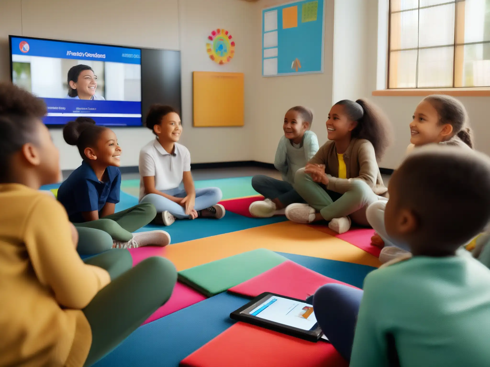 Clase virtual: Estudiantes felices participan en videoconferencia Estudiantes de primaria disfrutan una clase virtual Montessori en un aula luminosa y acogedora