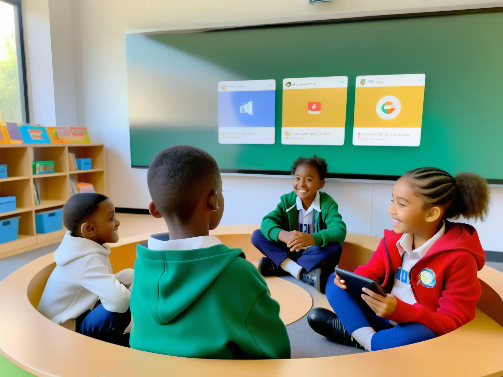 Vibrante discusión en Google Meet: Aprendizaje colaborativo en primaria Estudiantes de primaria participando en una discusión animada a través de Google Meet, creando un ambiente de aprendizaje colaborativo