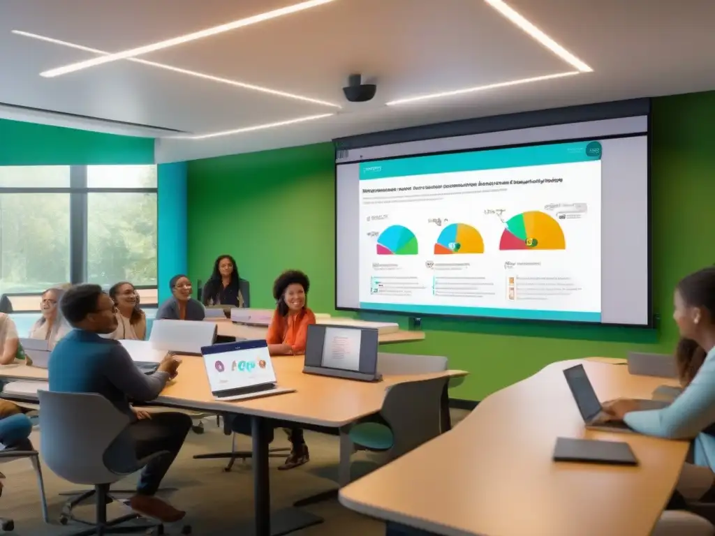 Aula virtual dinámica: colaboración y aprendizaje Estudiantes y profesor colaboran en clase virtual con las mejores herramientas de colaboración en un aula moderna y dinámica