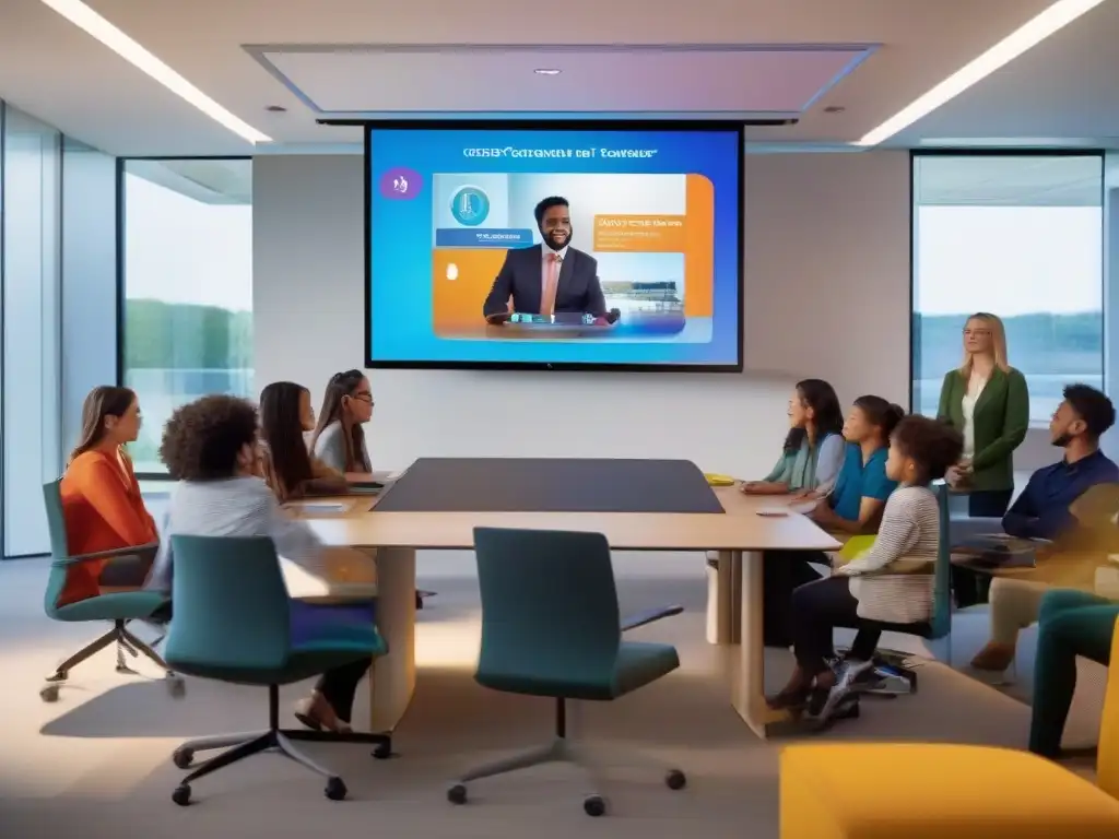 Aprendizaje interactivo con videoconferencia de alta definición Estudiantes y profesor usan las mejores herramientas de videoconferencia para una calidad de audio excepcional en una sala moderna y luminosa, participando de forma dinámica en una clase interactiva