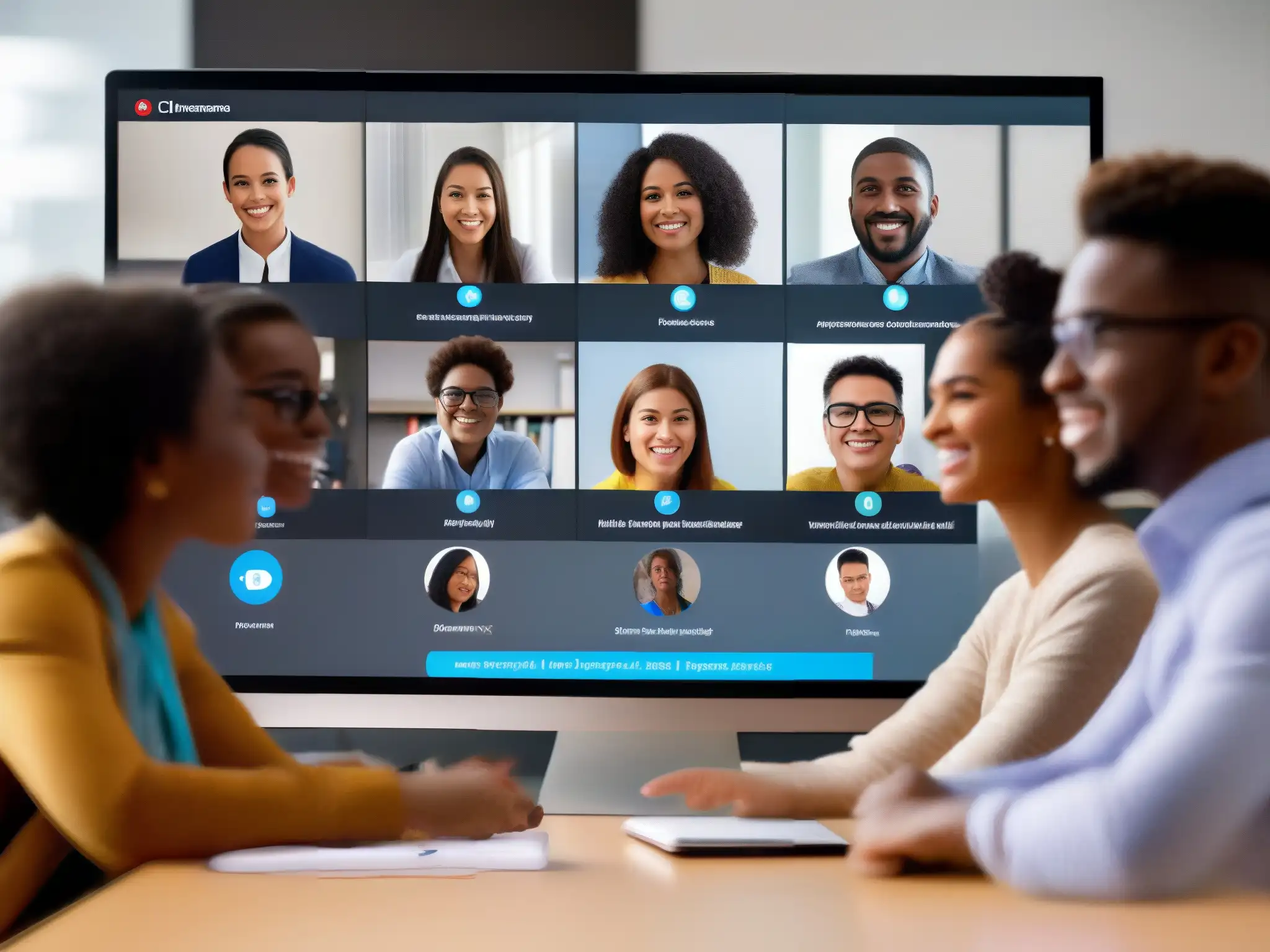 Clase virtual dinámica: estudiantes y maestro interactúan Estudiantes y profesor participan en videoconferencia educativa interactiva