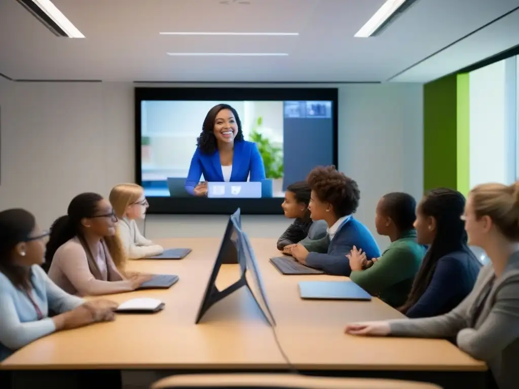 Videoconferencia interactiva de estudiantes y maestros en aula moderna Estudiantes y profesores colaborando en videoconferencia de alta definición en aula moderna, optimizando banda ancha