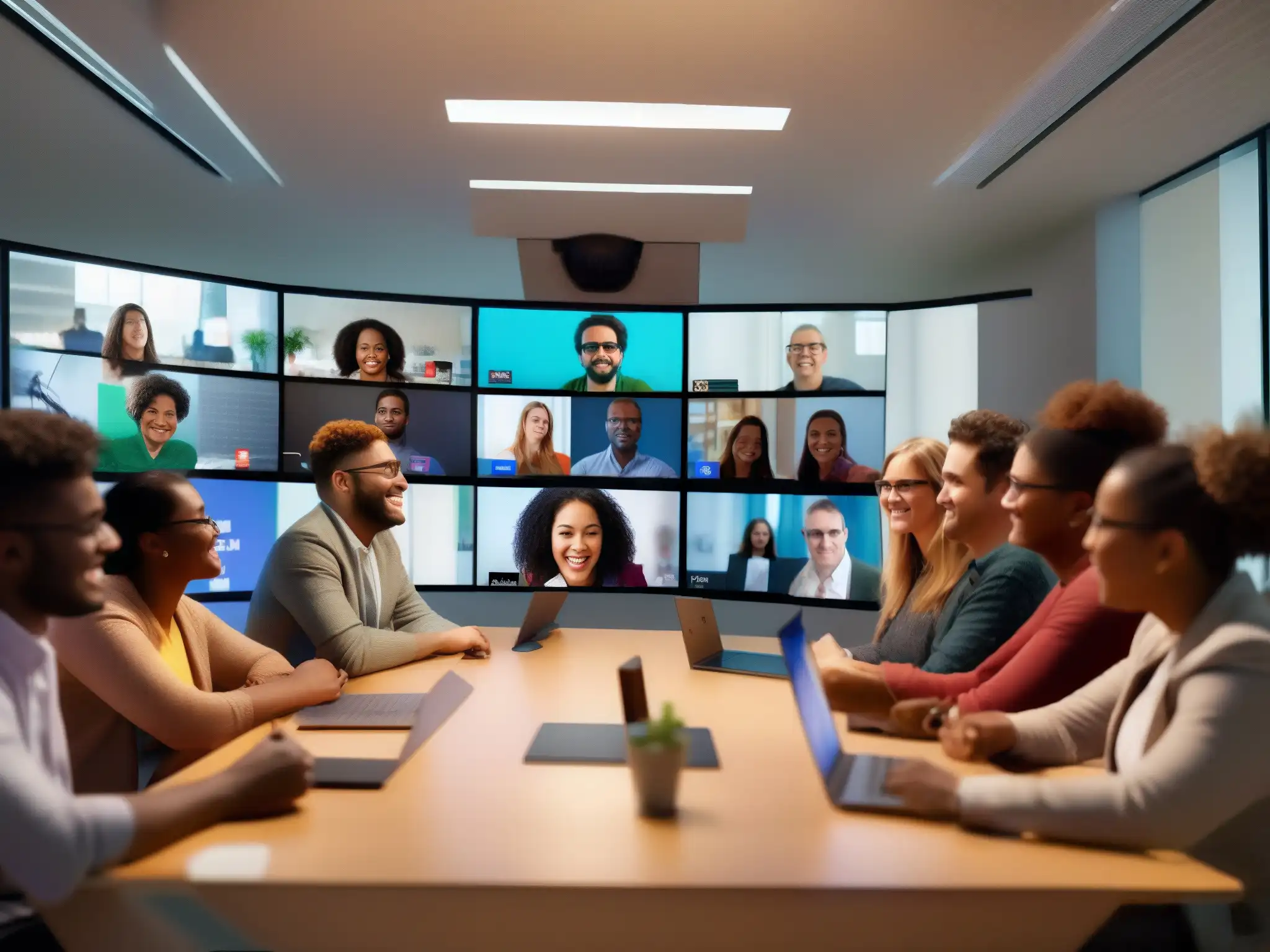 Conferencia virtual dinámica: estudiante y profesores interactúan Estudiantes y profesores participan en una videoconferencia dinámica