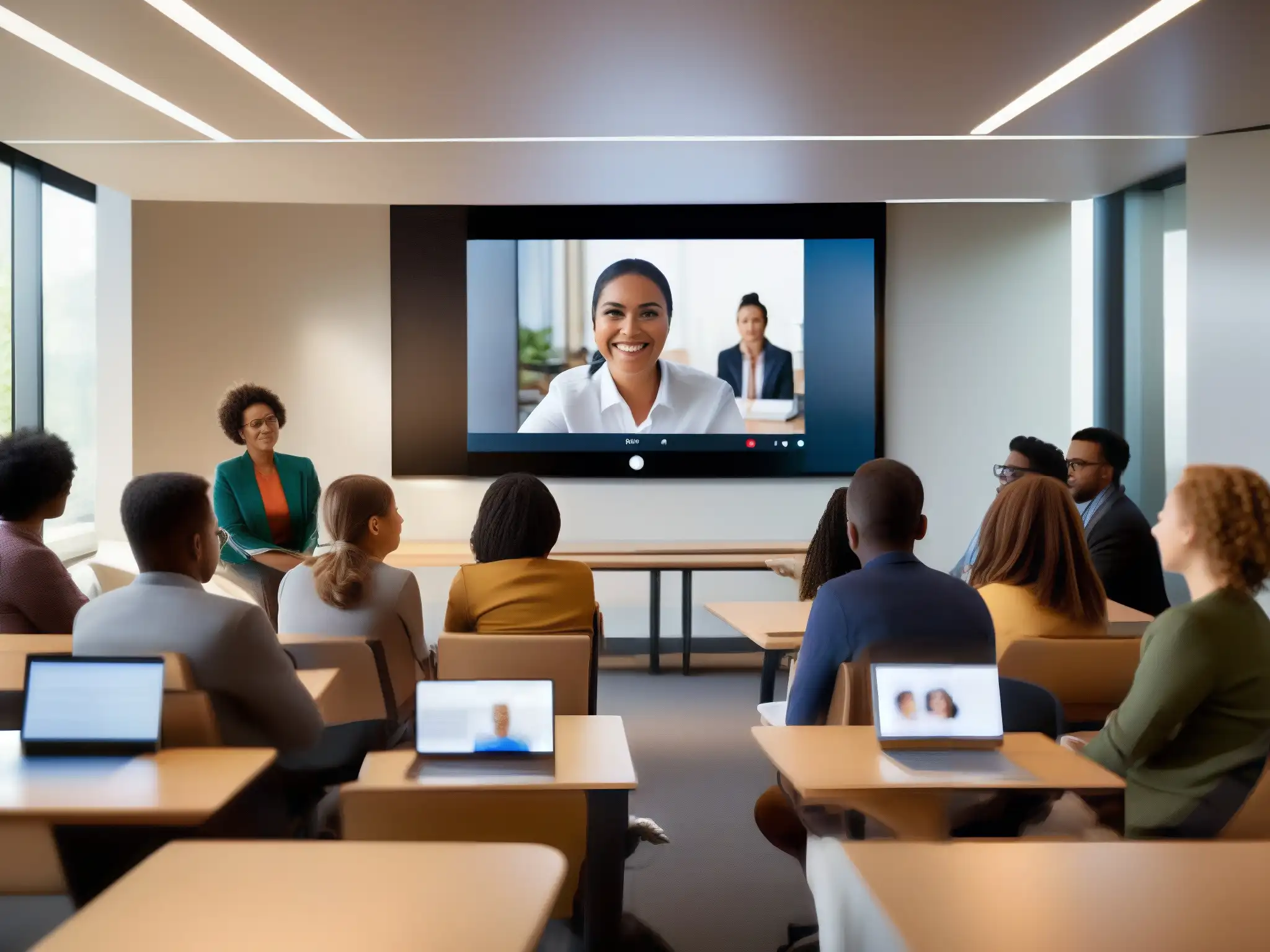 Conferencia educativa interactiva: innovación y colaboración Estudiantes y profesores colaborando en videoconferencia con herramientas gratuitas para ONGs, en un ambiente innovador e inclusivo