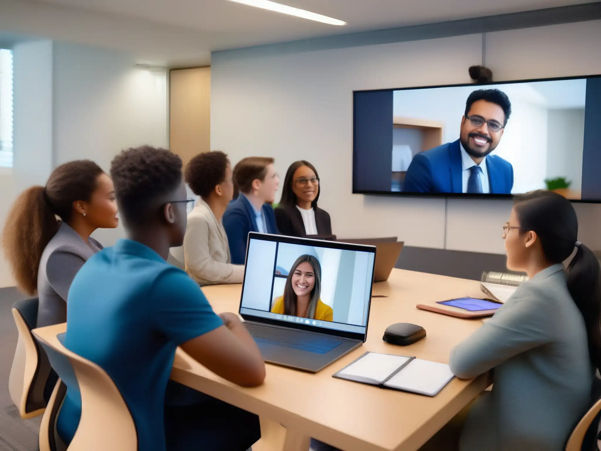 Sesión híbrida: Conexión innovadora en la educación Estudiantes y profesores participan en una videoconferencia híbrida, conectando plataformas de universidades