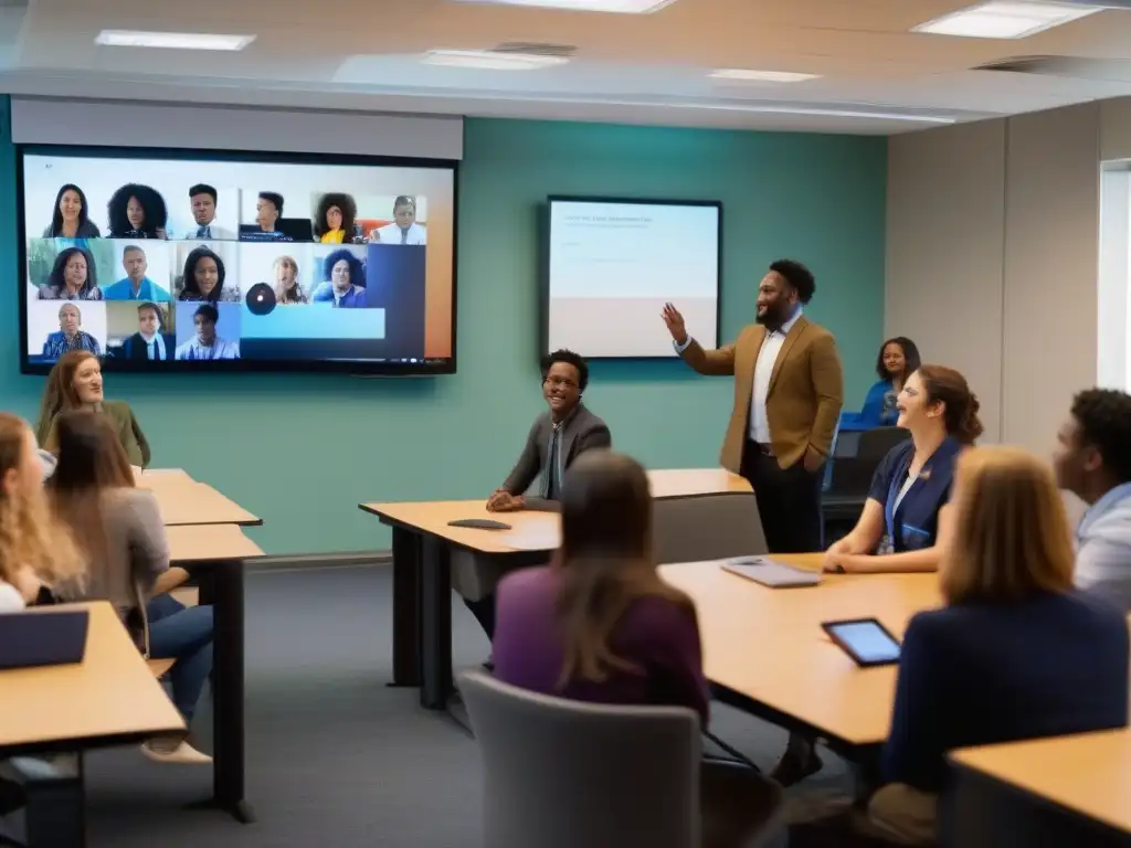 Clase interactiva: estudiantes y maestros en videoconferencia Estudiantes y profesores participan en una videoconferencia interactiva en un aula moderna