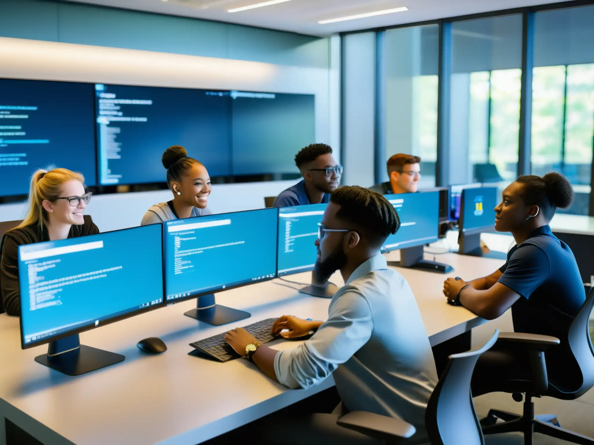 Equipo diverso colaborando en proyecto de codificación Estudiantes colaborando en proyecto de código en moderno laboratorio de informática, usando Discord en clases de informática